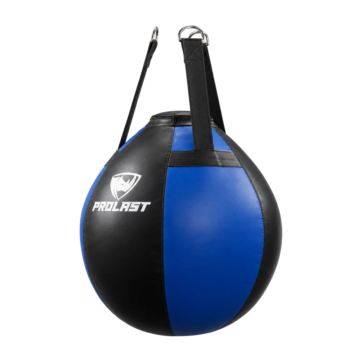 PROLAST black and blue wrecking ball heavy bag turned to show a side panel