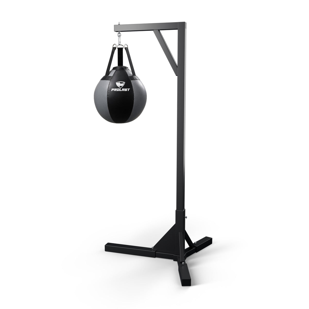 PROLAST black and gray wrecking ball heavy bag hanging from a PROLAST single bag stand on a steel snap hook (stand sold separately)