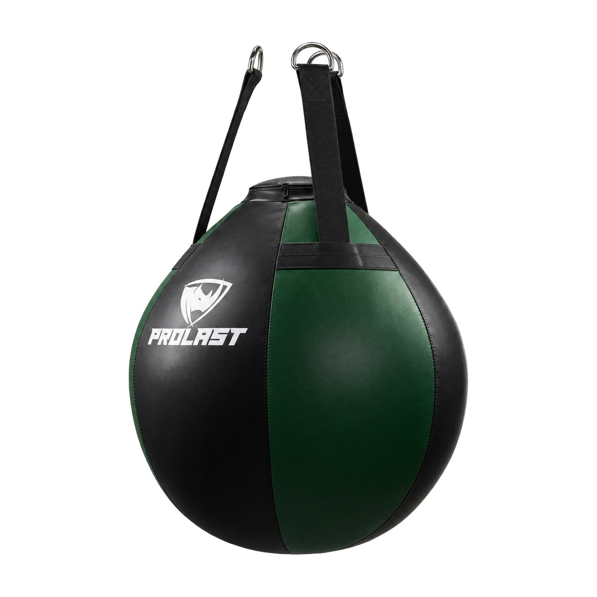 PROLAST black and green wrecking ball heavy bag turned to show a side panel