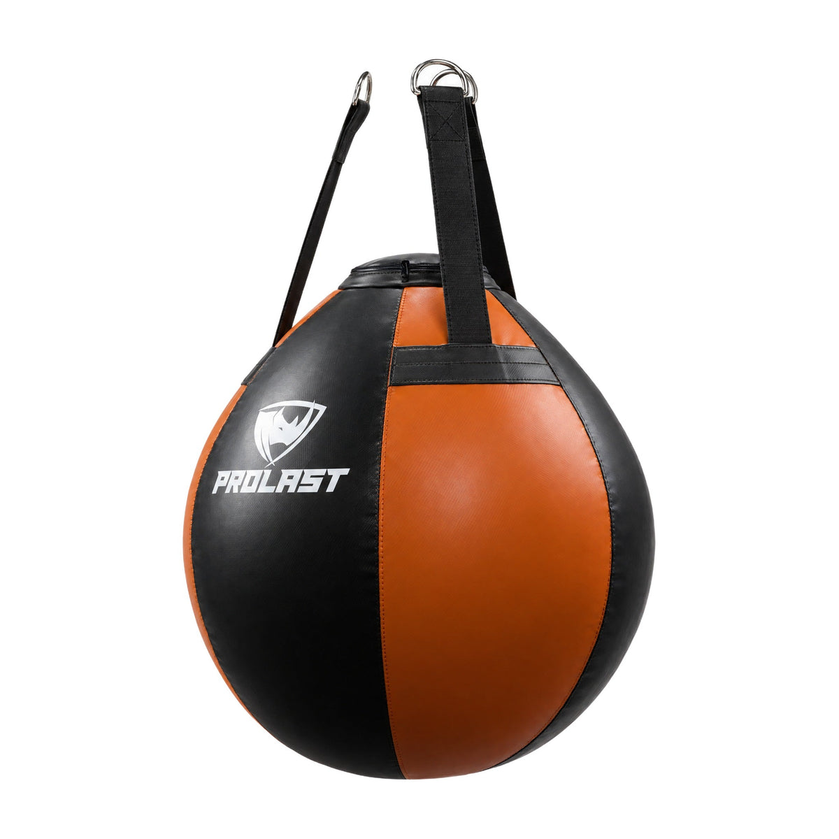PROLAST black and orange wrecking ball heavy bag turned to show a side panel