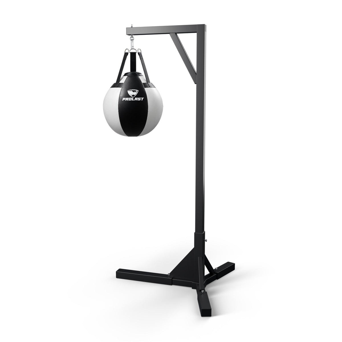 PROLAST black and white wrecking ball heavy bag hanging from a PROLAST single bag stand on a steel snap hook (stand sold separately)