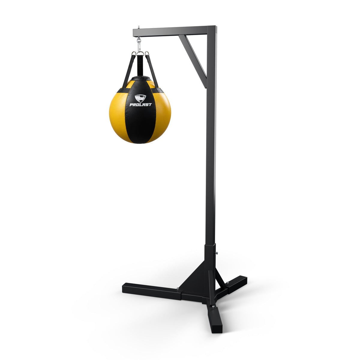 PROLAST black and yellow wrecking ball heavy bag hanging from a PROLAST single bag stand on a steel snap hook (stand sold separately)