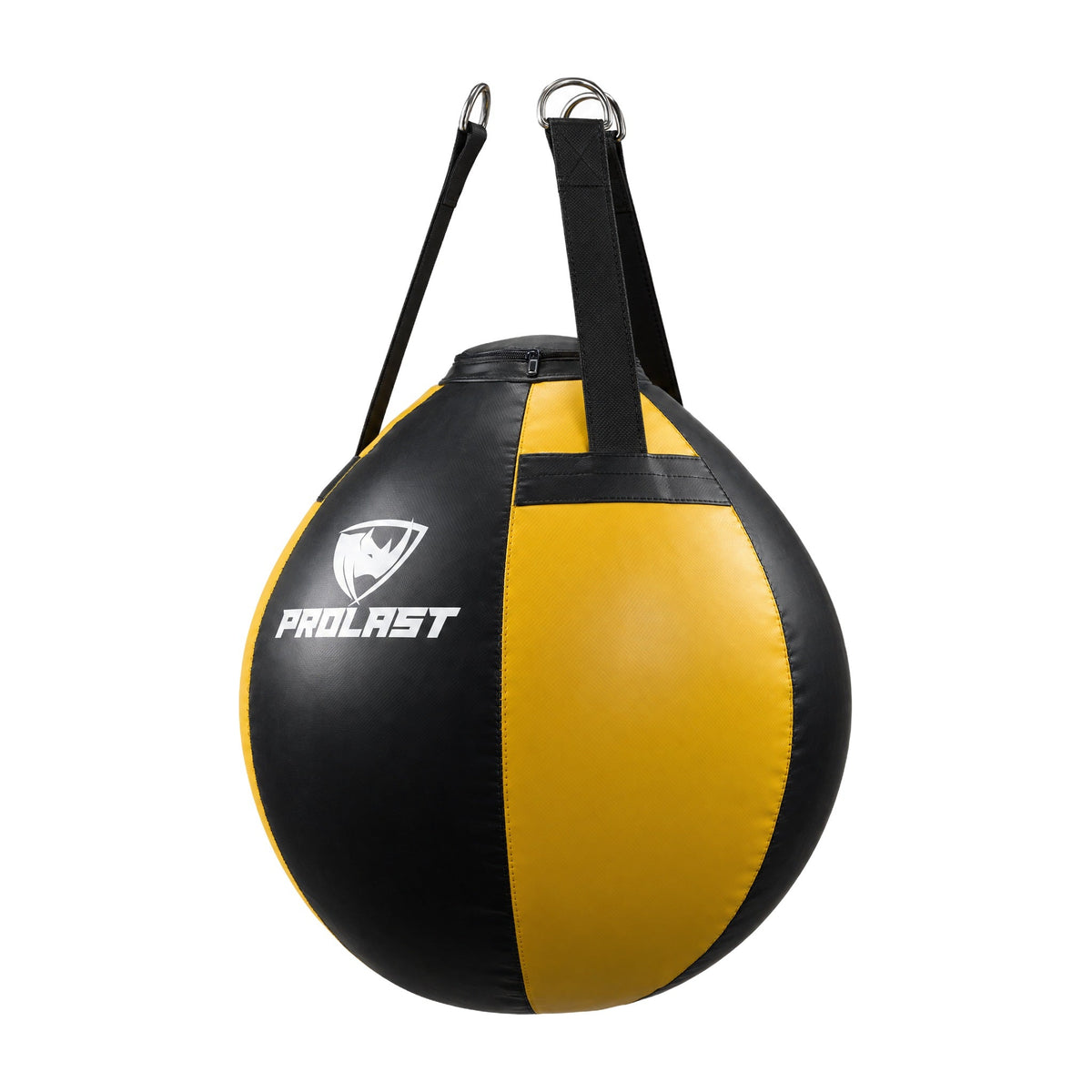 PROLAST black and yellow wrecking ball heavy bag turned to show a side panel