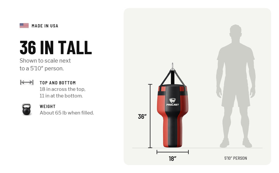 The angle bag is 36 in tall, 18 in across the top and 11 in at the bottom, shown to scale next to a 5 ft 10 in person; about 65 lb when filled