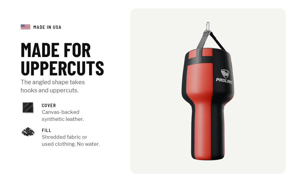 Made for uppercuts: the angled shape takes hooks and uppercuts. Canvas-backed synthetic leather cover; fill with shredded fabric or used clothing, no water