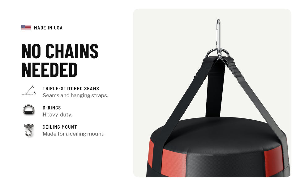 No chains needed: triple-stitched seams and hanging straps, heavy-duty D-rings, made for a ceiling mount