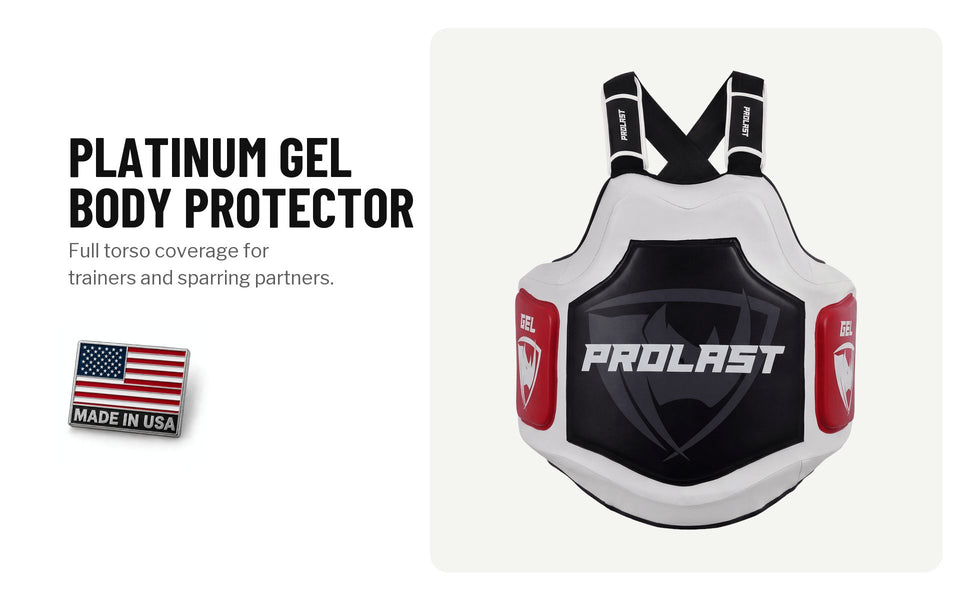 Platinum Gel body protector in white, black and red: full torso coverage for trainers and sparring partners