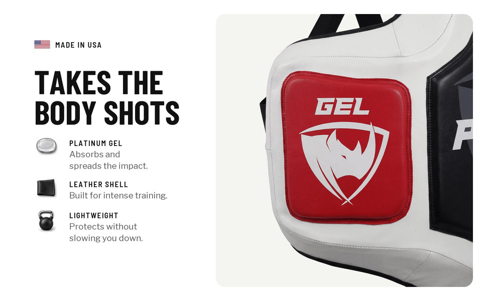 Takes the body shots: platinum gel padding absorbs and spreads the impact, a leather shell built for intense training, lightweight
