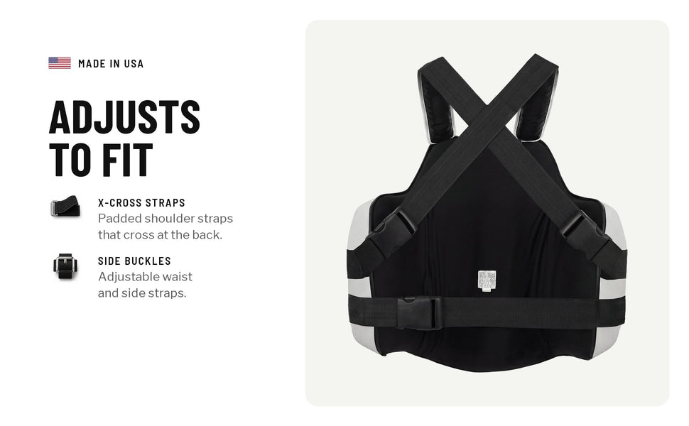 Adjusts to fit: padded X-cross shoulder straps that cross at the back, and side buckles on the waist and side straps