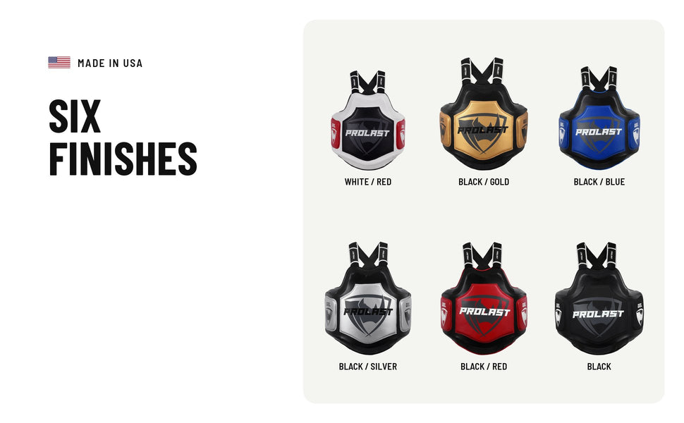 Six finishes: white and red, black and gold, black and blue, black and silver, black and red, and black