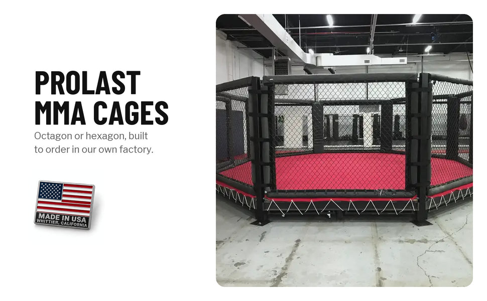 PROLAST MMA cages, made in USA in Whittier, California: an octagon cage with a red floor, octagon or hexagon, built to order in our own factory