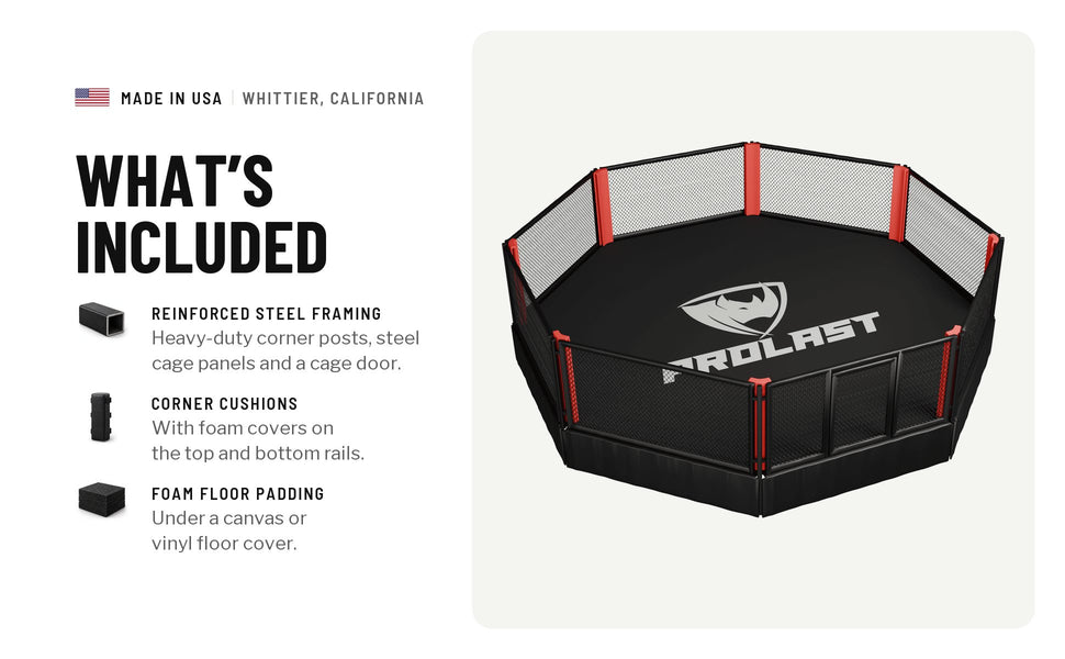 What's included, shown on an octagon cage: reinforced steel framing with heavy-duty corner posts, steel cage panels and a cage door; corner cushions with foam covers on the top and bottom rails; foam floor padding under a canvas or vinyl floor cover