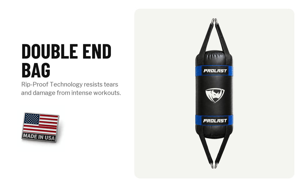 PROLAST double end bag, black with blue bands: Rip-Proof Technology resists tears and damage from intense workouts. Made in USA