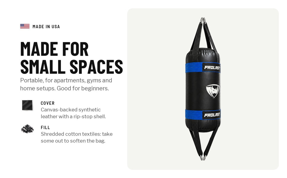 Made for small spaces: portable, for apartments, gyms and home setups, good for beginners. Cover of canvas-backed synthetic leather with a rip-stop shell; filled with shredded cotton textiles, take some out to soften the bag