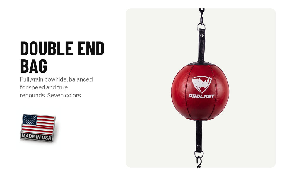 PROLAST leather double end bag in red: full grain cowhide, balanced for speed and true rebounds; seven colors. Made in USA