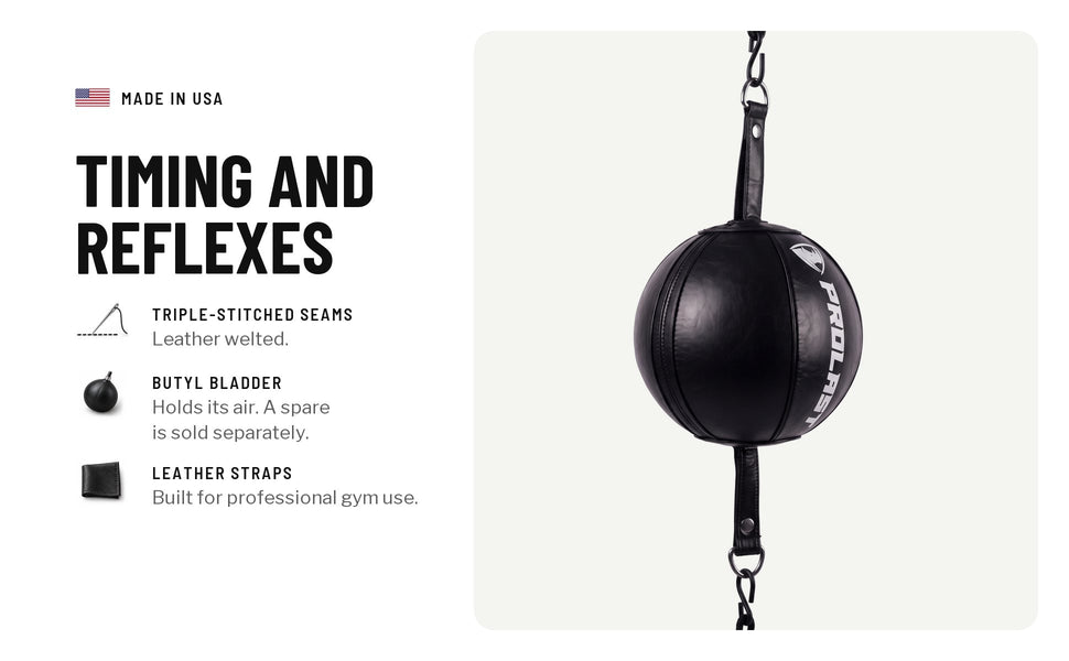 Timing and reflexes, a black leather double end bag: triple-stitched leather welted seams, a butyl bladder that holds its air (a spare is sold separately), leather straps built for professional gym use