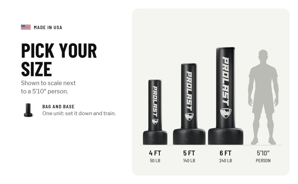 Pick your size: 4 ft (50 lb), 5 ft (140 lb) and 6 ft (240 lb) freestanding bags to scale next to a 5 ft 10 in person