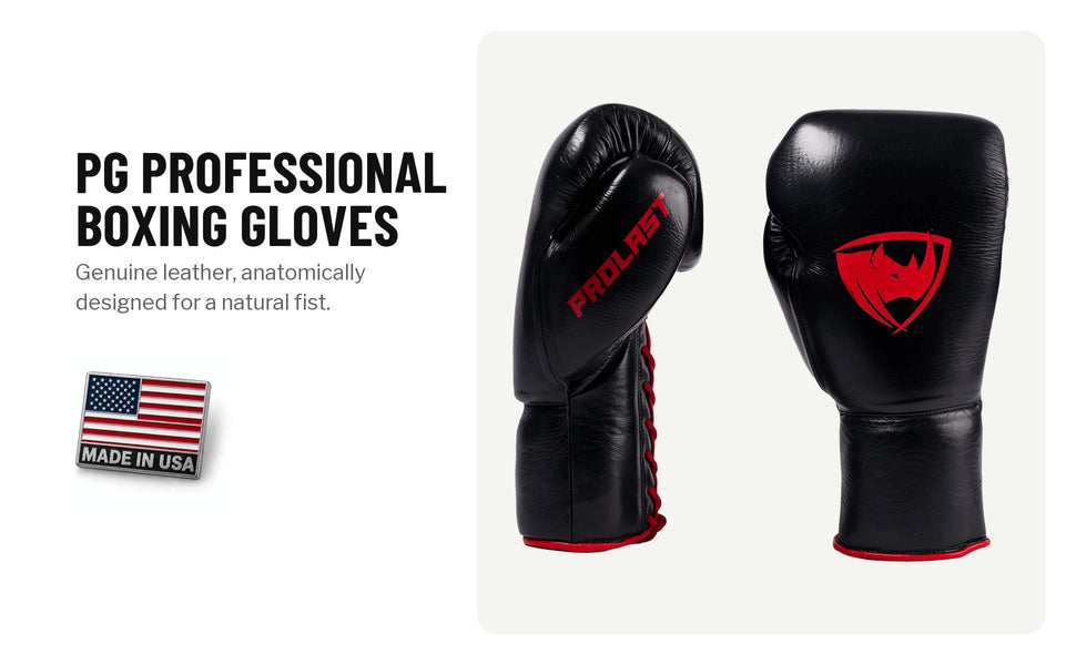 PG Professional boxing gloves: a black and red pair. Genuine leather, anatomically designed for a natural fist