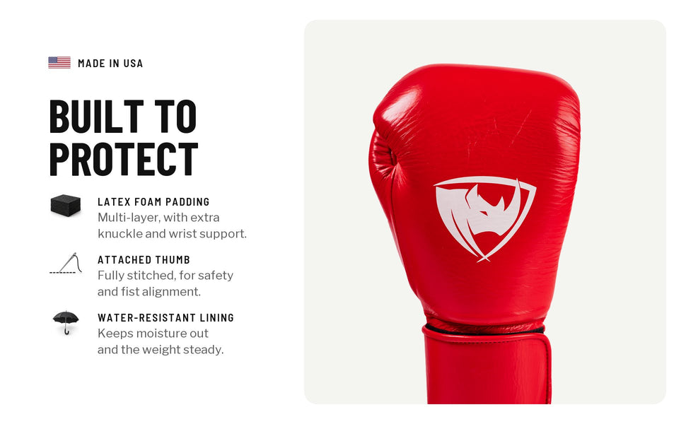 Built to protect: multi-layer latex foam padding with extra knuckle and wrist support, an attached thumb fully stitched for safety and fist alignment, and a water-resistant lining