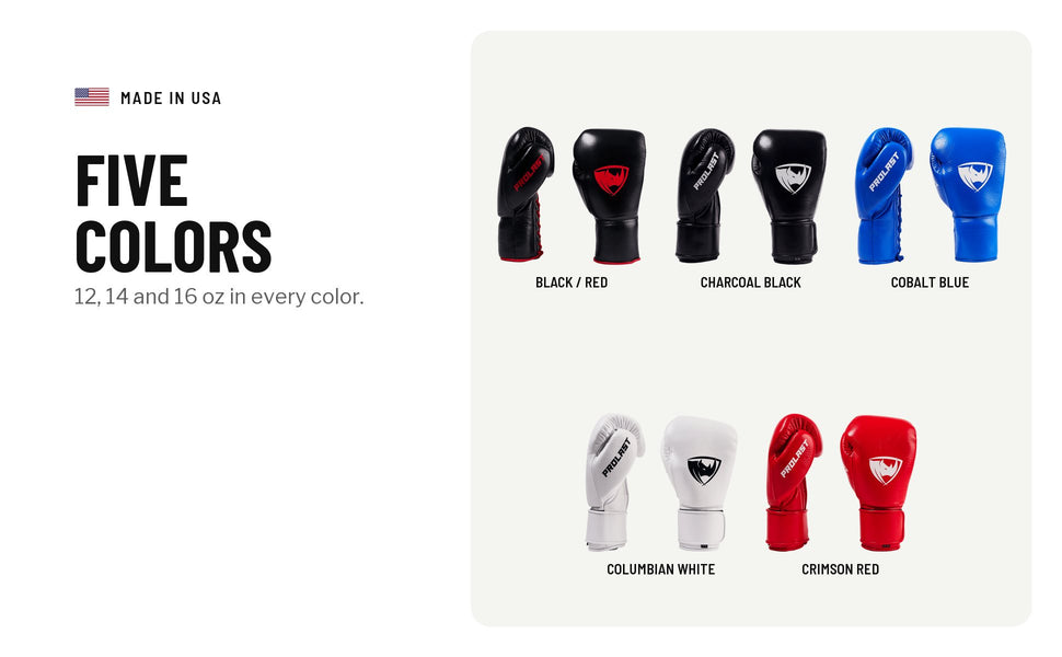 Five colors: black and red, charcoal black, cobalt blue, Columbian white and crimson red; 12, 14 and 16 oz in every color