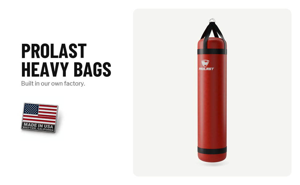 PROLAST heavy bags: a red stock heavy bag with black bands and straps