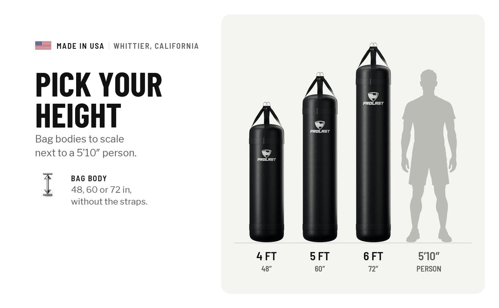 Pick your height: 4, 5 and 6 ft bags, with 48, 60 and 72 in bag bodies (without the straps), to scale next to a 5 ft 10 in person