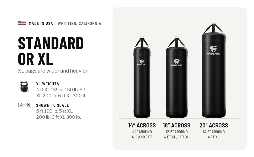 Standard or XL: 14 in across (44 in around) for 4, 5 and 6 ft, 18 in across (56.5 in around) for 4 ft XL and 5 ft XL, 20 in across (62.8 in around) for 6 ft XL, to scale. XL weights: 4 ft XL 135 or 150 lb, 5 ft XL 200 lb, 6 ft XL 300 lb