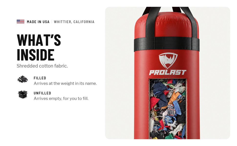 What's inside: a cutaway red heavy bag full of shredded fabric. Filled bags arrive at the weight in their name; unfilled bags arrive empty, for you to fill