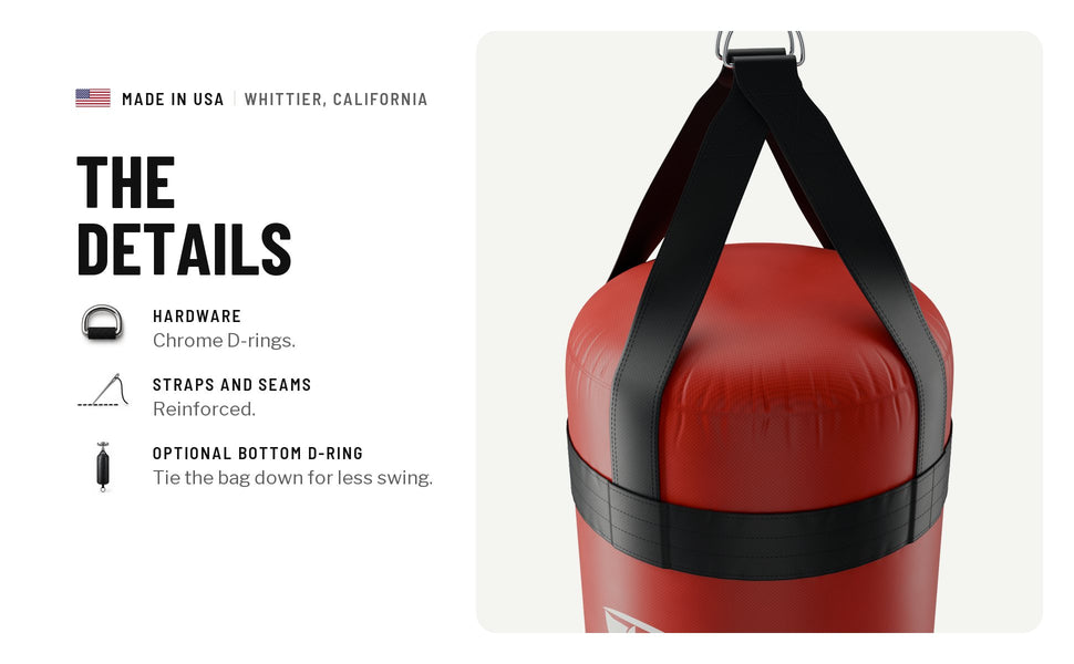 The details: chrome D-rings, reinforced straps and seams, and an optional bottom D-ring to tie the bag down for less swing