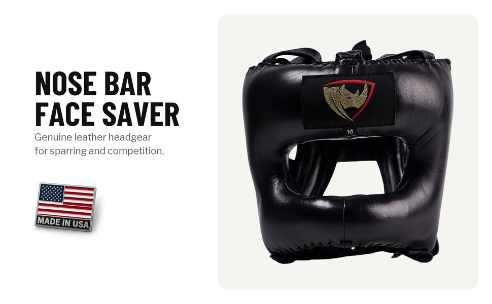 Nose Bar Face Saver headgear in black: genuine leather headgear for sparring and competition