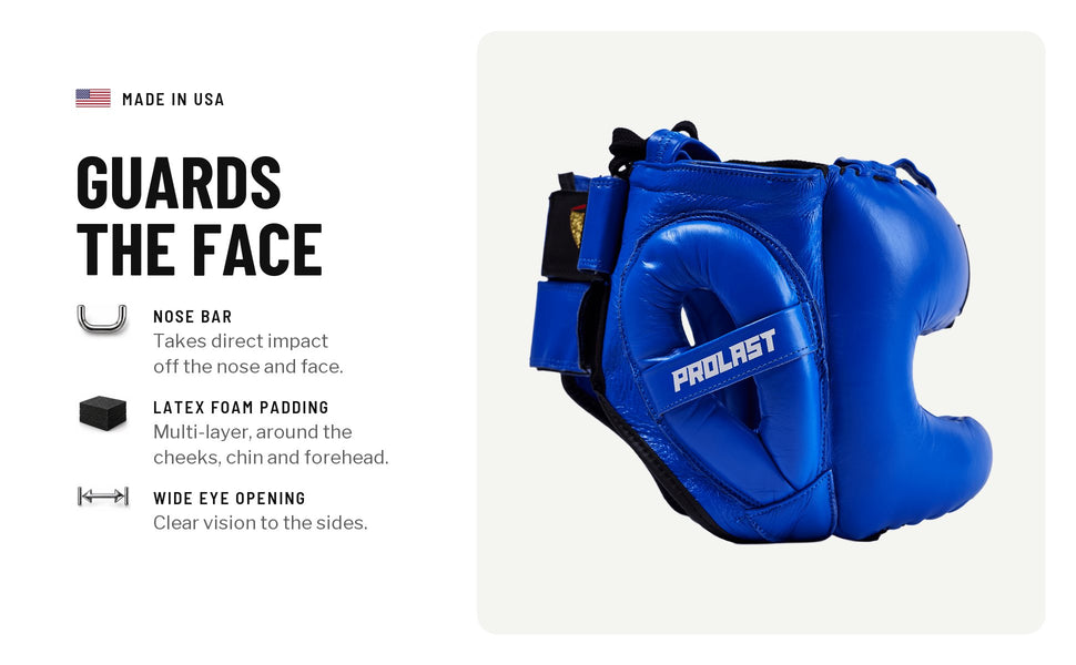 Guards the face: a nose bar takes direct impact off the nose and face, multi-layer latex foam pads the cheeks, chin and forehead, and a wide eye opening keeps vision clear to the sides
