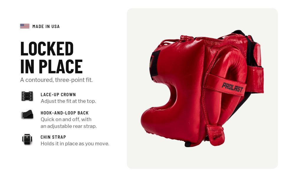 Locked in place: a contoured three-point fit, a lace-up crown, a hook-and-loop back with an adjustable rear strap, and a chin strap