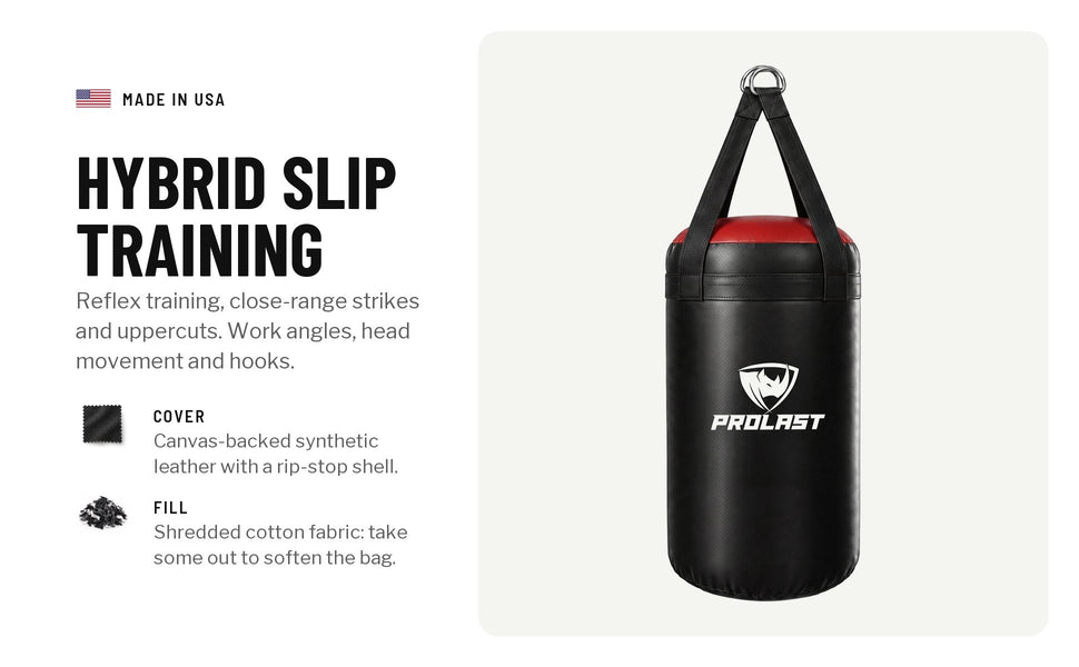 Hybrid slip training, the Head Hunter with a red top cap: reflex training, close-range strikes and uppercuts, angles, head movement and hooks; a canvas-backed synthetic leather cover with a rip-stop shell, filled with shredded cotton fabric that can be taken out to soften the bag