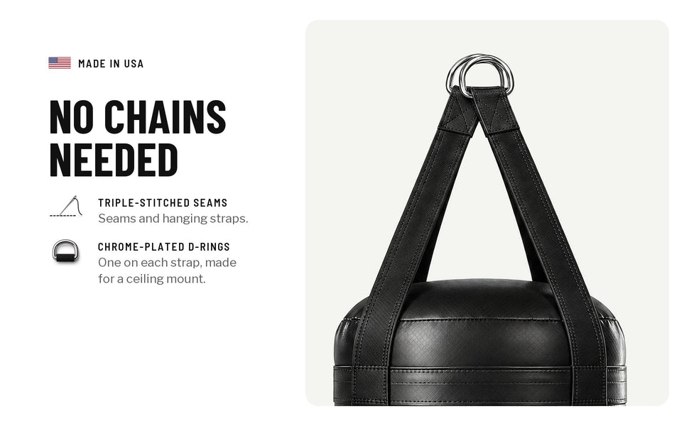 No chains needed, the straps and D-rings close: triple-stitched seams and hanging straps, a chrome-plated D-ring on each strap, made for a ceiling mount