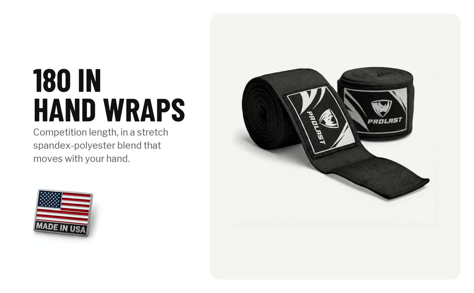 180 in hand wraps: a black pair. Competition length, in a stretch spandex-polyester blend that moves with your hand