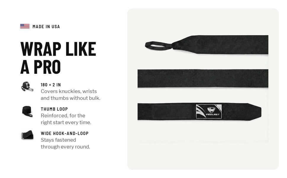 Wrap like a pro: 180 by 2 in, covering knuckles, wrists and thumbs without bulk; a reinforced thumb loop; a wide hook-and-loop closure that stays fastened