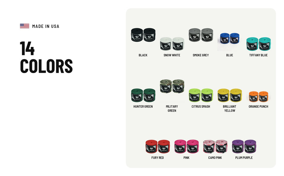 14 colors: black, snow white, smoke grey, blue, tiffany blue, hunter green, military green, citrus smash, brilliant yellow, orange punch, fury red, pink, camo pink and plum purple