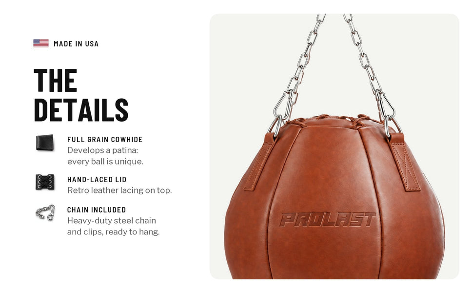 The details, the top of a brown leather wrecking ball: full grain cowhide that develops a patina, every ball unique; a hand-laced lid, retro leather lacing on top; a heavy-duty steel chain and clips, included, ready to hang