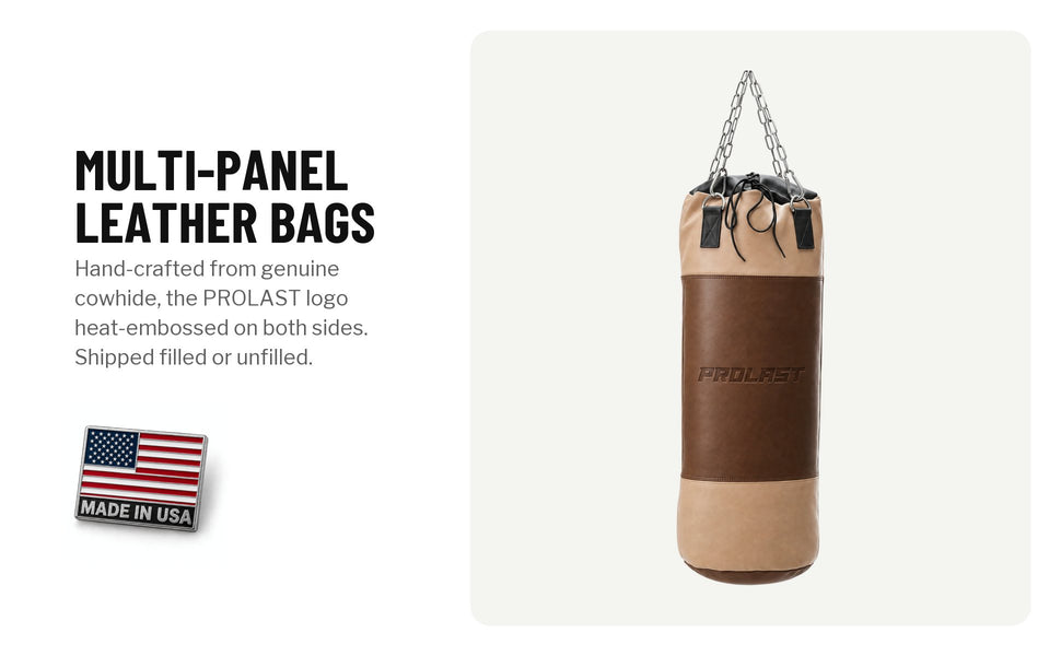 Multi-panel leather heavy bag in brown and tan: hand-crafted from genuine cowhide, the PROLAST logo heat-embossed on both sides; shipped filled or unfilled