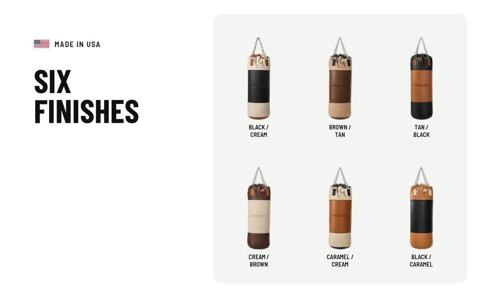 Six finishes: black and cream, brown and tan, tan and black, cream and brown, caramel and cream, black and caramel