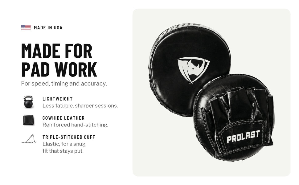Made for pad work, for speed, timing and accuracy: lightweight, cowhide leather with reinforced hand-stitching, a triple-stitched elastic cuff