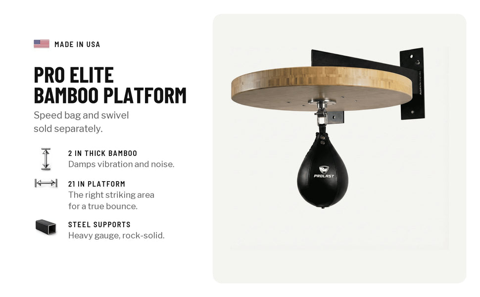 Pro Elite bamboo speed bag platform, shown with a speed bag (the speed bag and swivel are sold separately): 2 in thick bamboo that damps vibration and noise, a 21 in platform, heavy gauge steel supports
