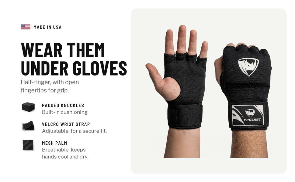 Wear them under gloves: half-finger, with open fingertips for grip; padded knuckles, an adjustable velcro wrist strap and a breathable mesh palm