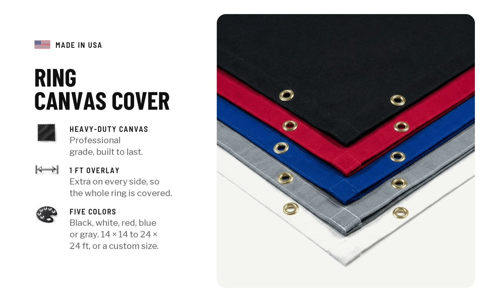 Ring canvas covers in black, red, blue, gray and white, with grommets: heavy-duty, professional grade canvas; a 1 ft overlay on every side, so the whole ring is covered; five colors, 14 by 14 to 24 by 24 ft or a custom size