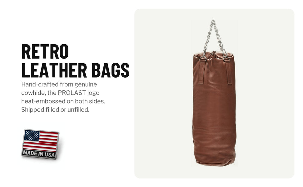 Retro leather heavy bag in tan: hand-crafted from genuine cowhide, the PROLAST logo heat-embossed on both sides, shipped filled or unfilled