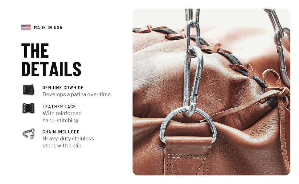 The details: genuine cowhide that develops a patina, a leather lace with reinforced hand-stitching, and a heavy-duty stainless steel chain with a clip, included