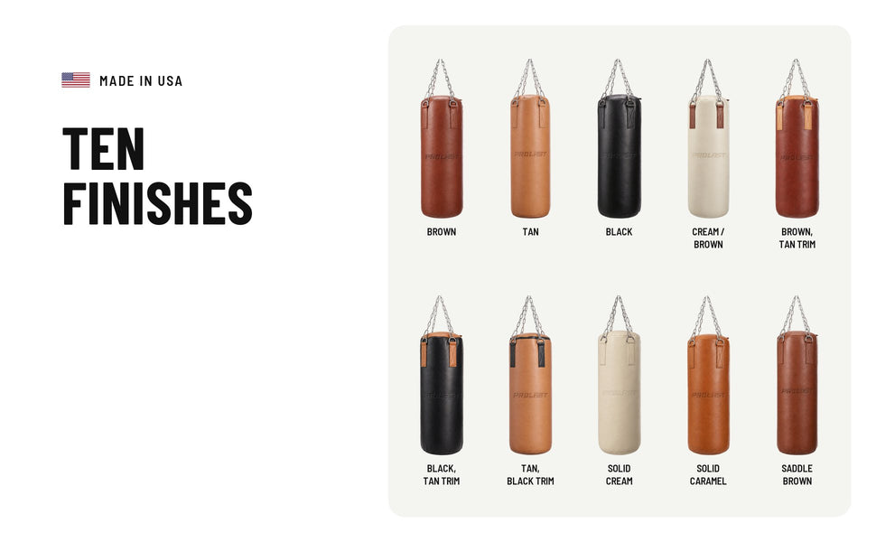 Ten finishes: brown; tan; black; cream and brown; brown with tan trim; black with tan trim; tan with black trim; solid cream; solid caramel; saddle brown