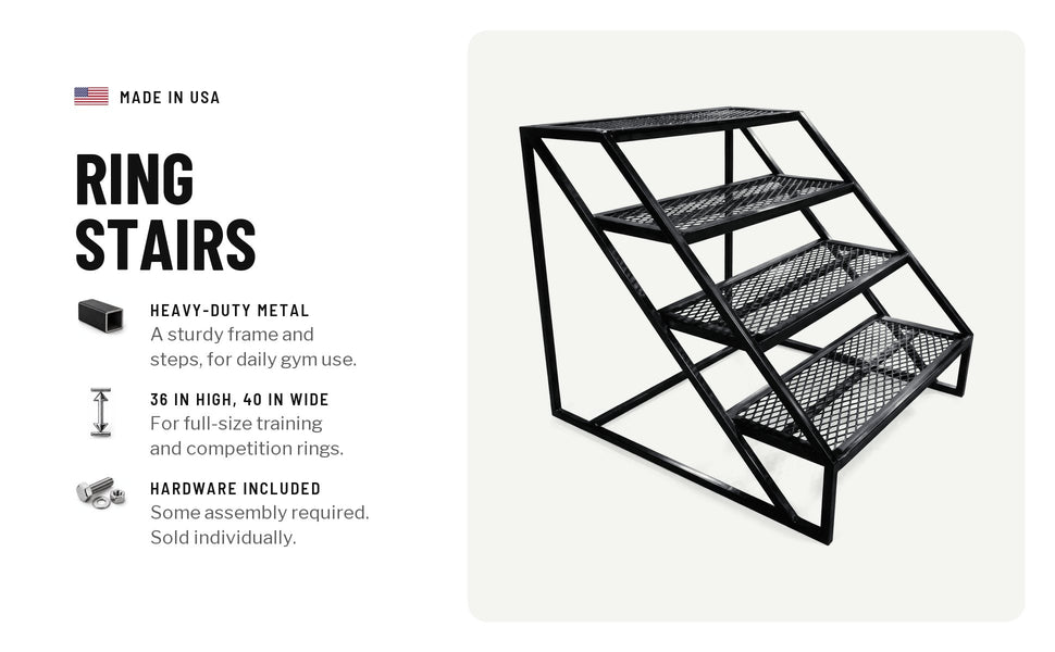 Ring stairs, black metal with four mesh steps: a heavy-duty frame and steps for daily gym use; 36 in high and 40 in wide, for full-size training and competition rings; hardware included, some assembly required, sold individually