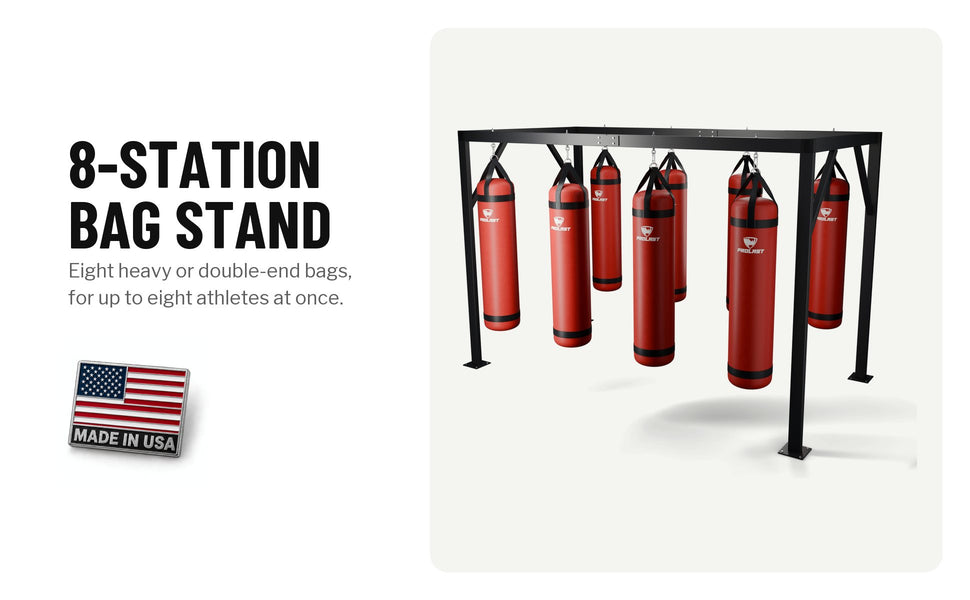 8-station bag stand with eight red heavy bags: eight heavy or double-end bags, for up to eight athletes at once