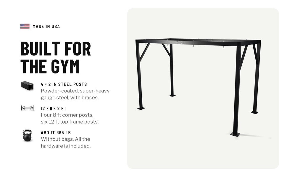 Built for the gym: 4 by 2 in powder-coated, super-heavy gauge steel posts with braces; 12 by 6 by 8 ft, four 8 ft corner posts and six 12 ft top frame posts; about 365 lb without bags, all hardware included